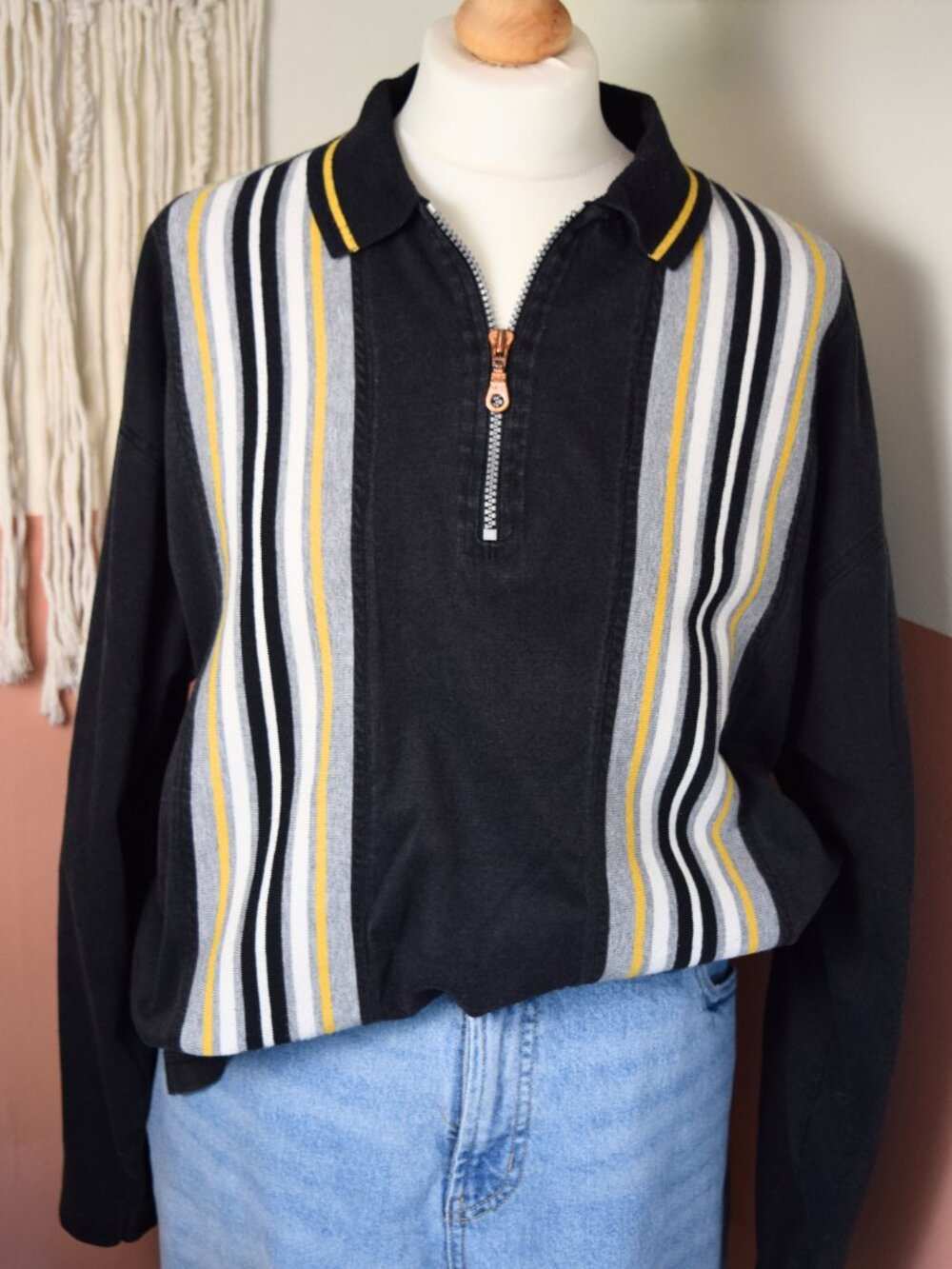 Vintage Avanti 90s Striped Quarter Zip Pullover Black Yellow L